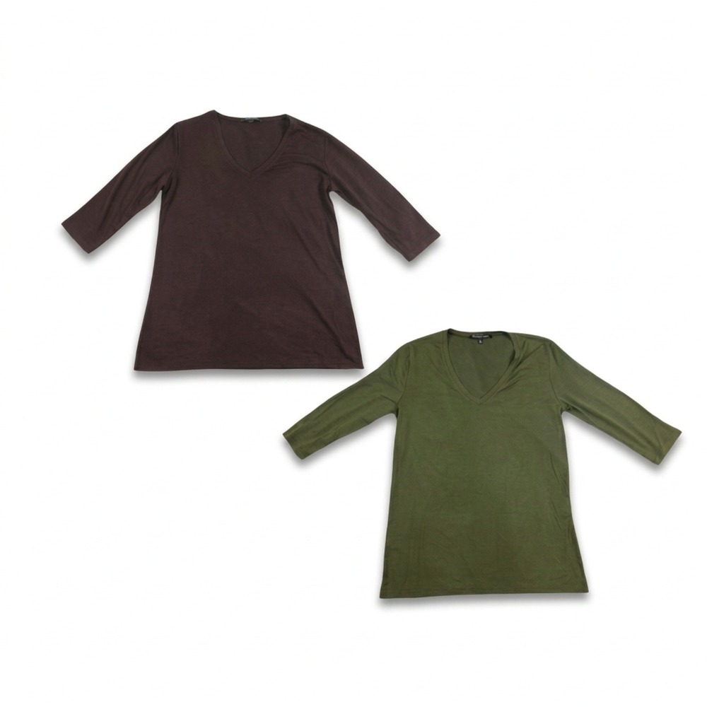 Rendez-Vous Paris V-Neck Tops Lot of 2 Size 3 M Brown Olive Green 3/4 Sleeve